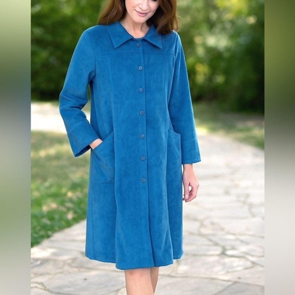 Vtg Selene Sport Button Front Blue Shirt Dress Microfiber Faux Suede 2X Teacher